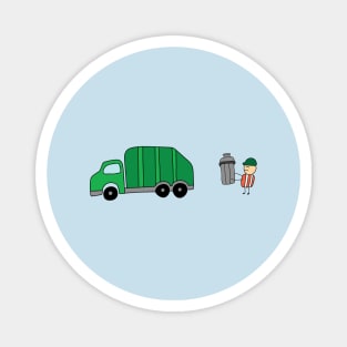 funny garbage man holding trash bin with garbage truck Magnet